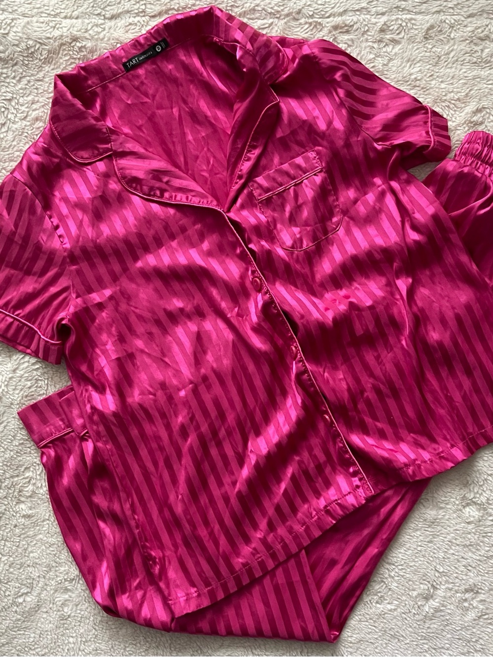 Tart Hot Pink Satin Striped Short Sleeve Pajama Set